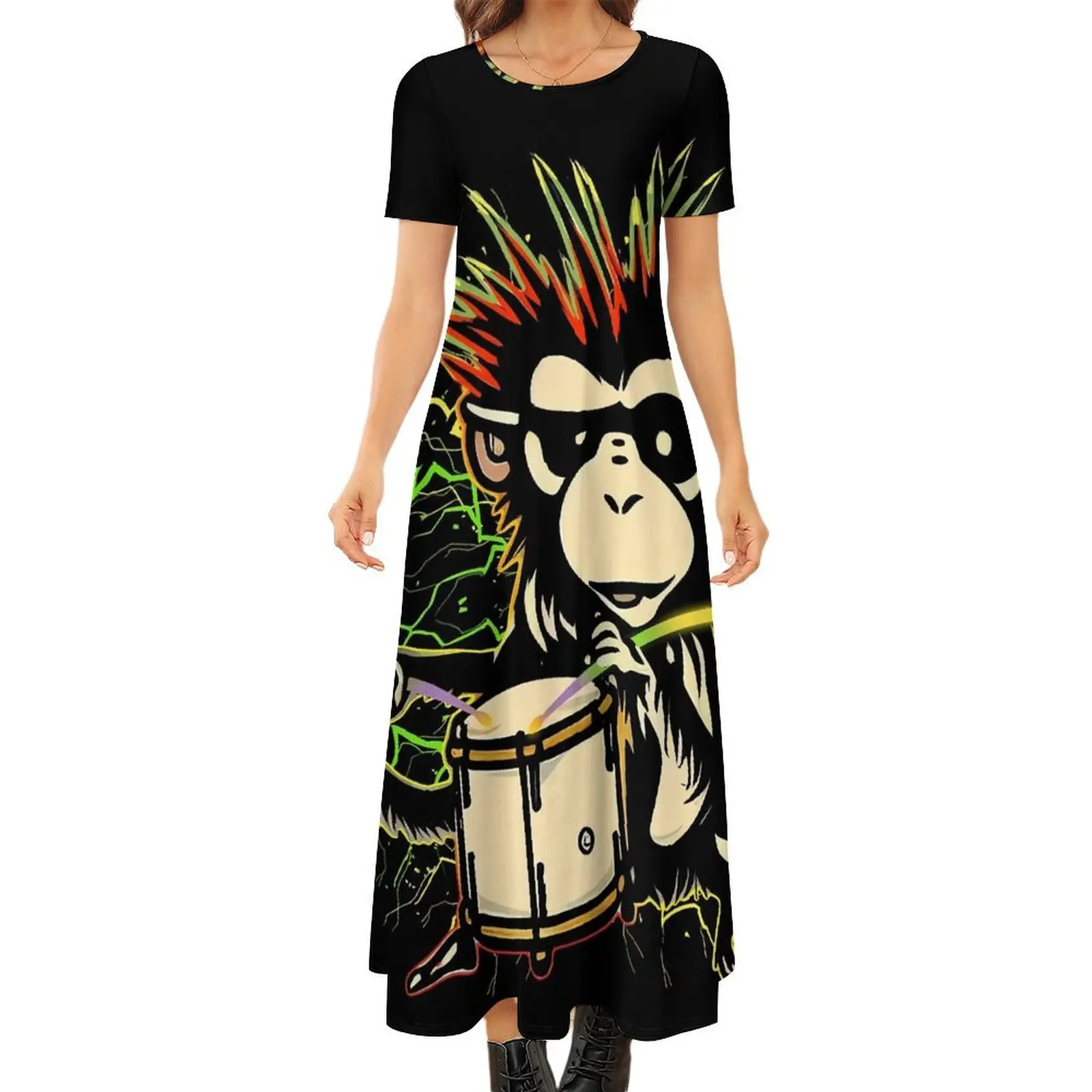 

Drummer Monkey Dress Fun Animal Print Street Wear Bohemia Long Dresses Woman Elegant Maxi Dress 5XL 6XL 7XL