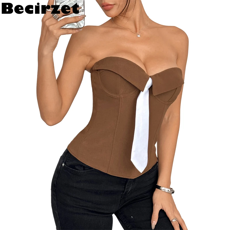 

Becirzet женский корсет без бретелек с завязками, топ с поддержкой груди, корректирующее талию, нижнее белье, бюстье на косточке, черный, белый, красный, коричневый, серый, синий