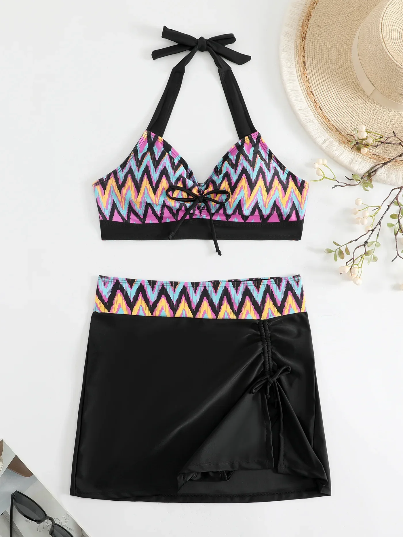 

Сексуальное бикини ZIGZAG 2025, женский купальник из трех предметов, купальник с лямкой на шее, женская пляжная одежда, купальный костюм с высокой талией, юбка на шнурке