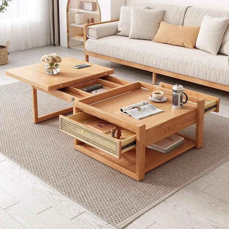 Japanese-style Simple Log Style Double-layer Lifting Coffee Table Dining Table Integrated Medium and Small Apartment