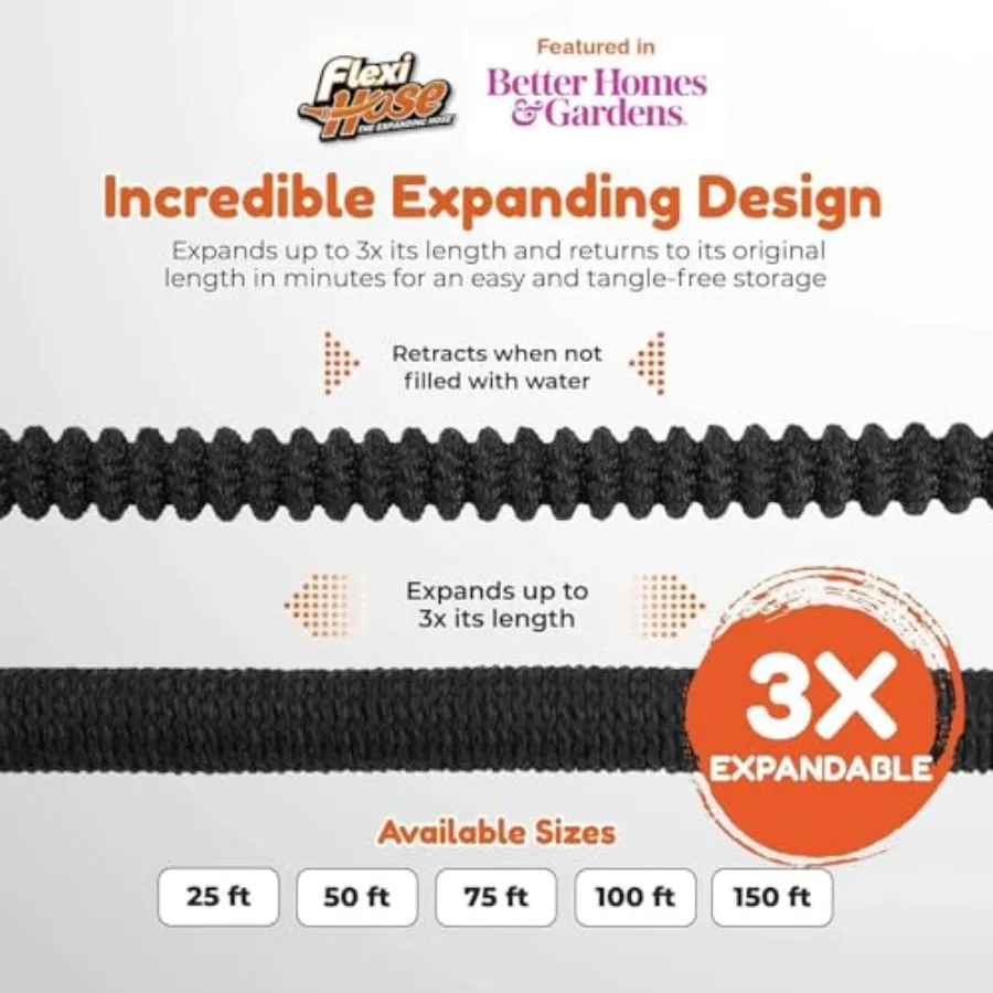 Flexible Expandable Garden Water Hose – Lightweight Anti-Tangle Design, 8 Adjustable Spray Patterns Nozzle, Sturdy 3/4