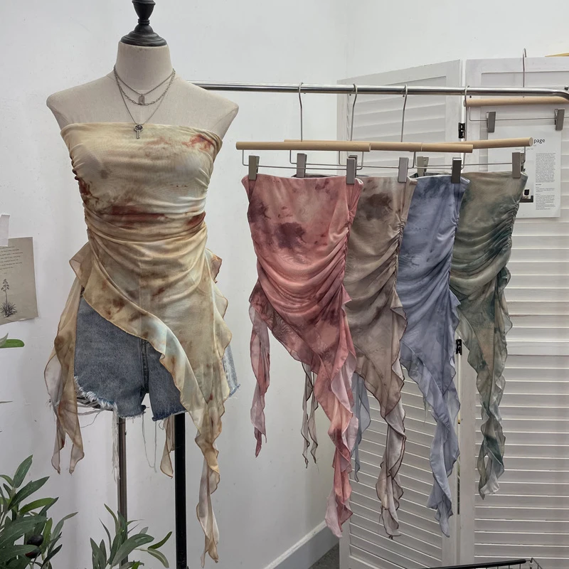 Real Shot Tie-dye ruffled mesh strapless top with irregular ribbons, thin non-slip strap wrap-around tank top