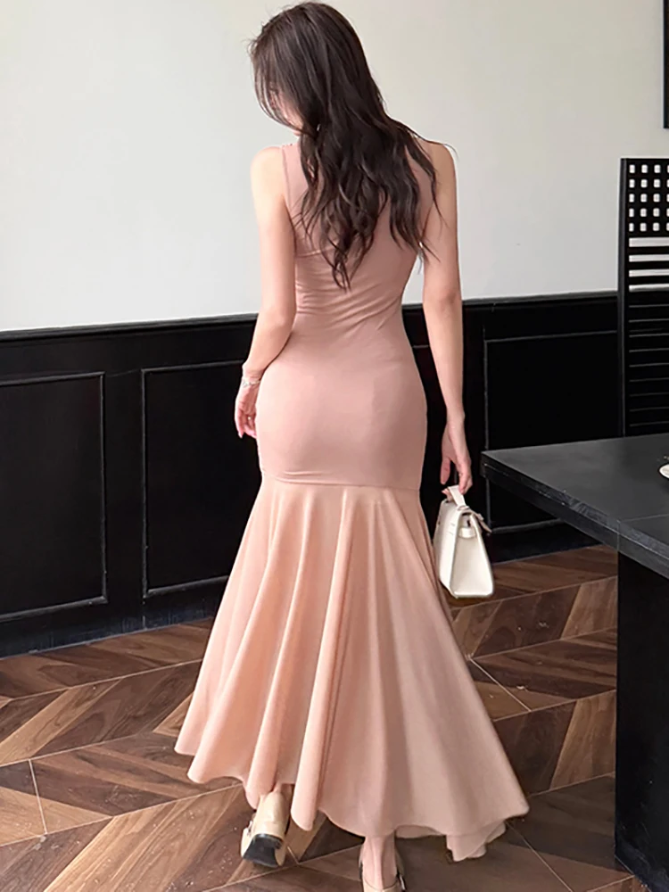 Vrouwen Roze Mesh Patchwork Verstoorde Maxi Jurk Zomer Geplooide Bodycon Sling Sexy Jurken 2025, Koreaanse Vintage Luxe Party Vestidos