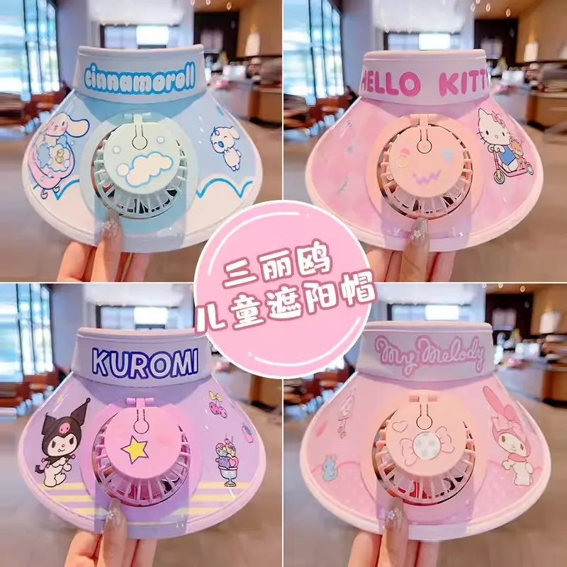 Sanrio Children's Fan Hat Hello Kitty with Fan Hollow Large Brim Sun Hat Summer Outdoor Men's and Women's Baby Cute Sun Hat Cool