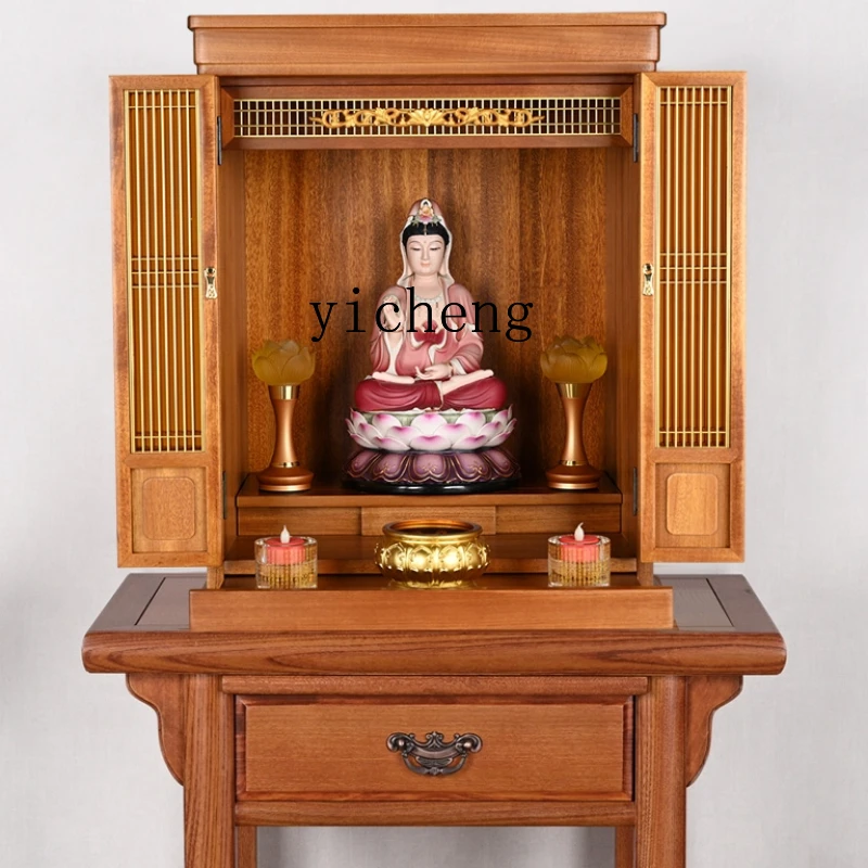 Zf Solid Wood Wall-Mounted Simple Household Shrine Hanging Cabinet with Door Bodhisattva God of Wealth Desk with Door