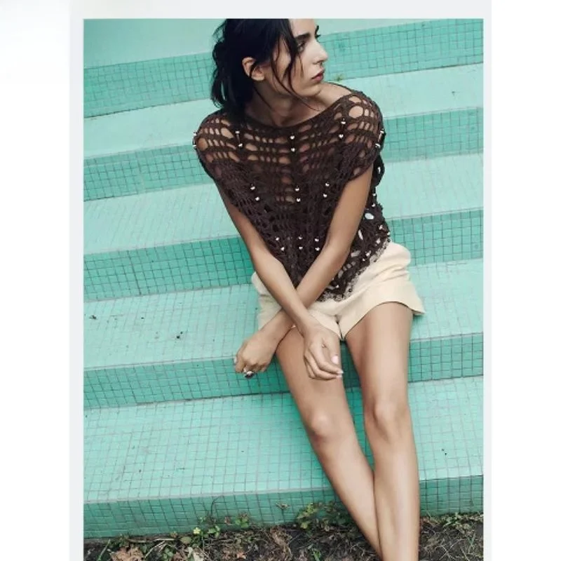 

Fall 2024 New Women's Beaded Hollow Knitted Top Commute Sle ort Sve round Ne Polyester Fiber Color Casual Wear