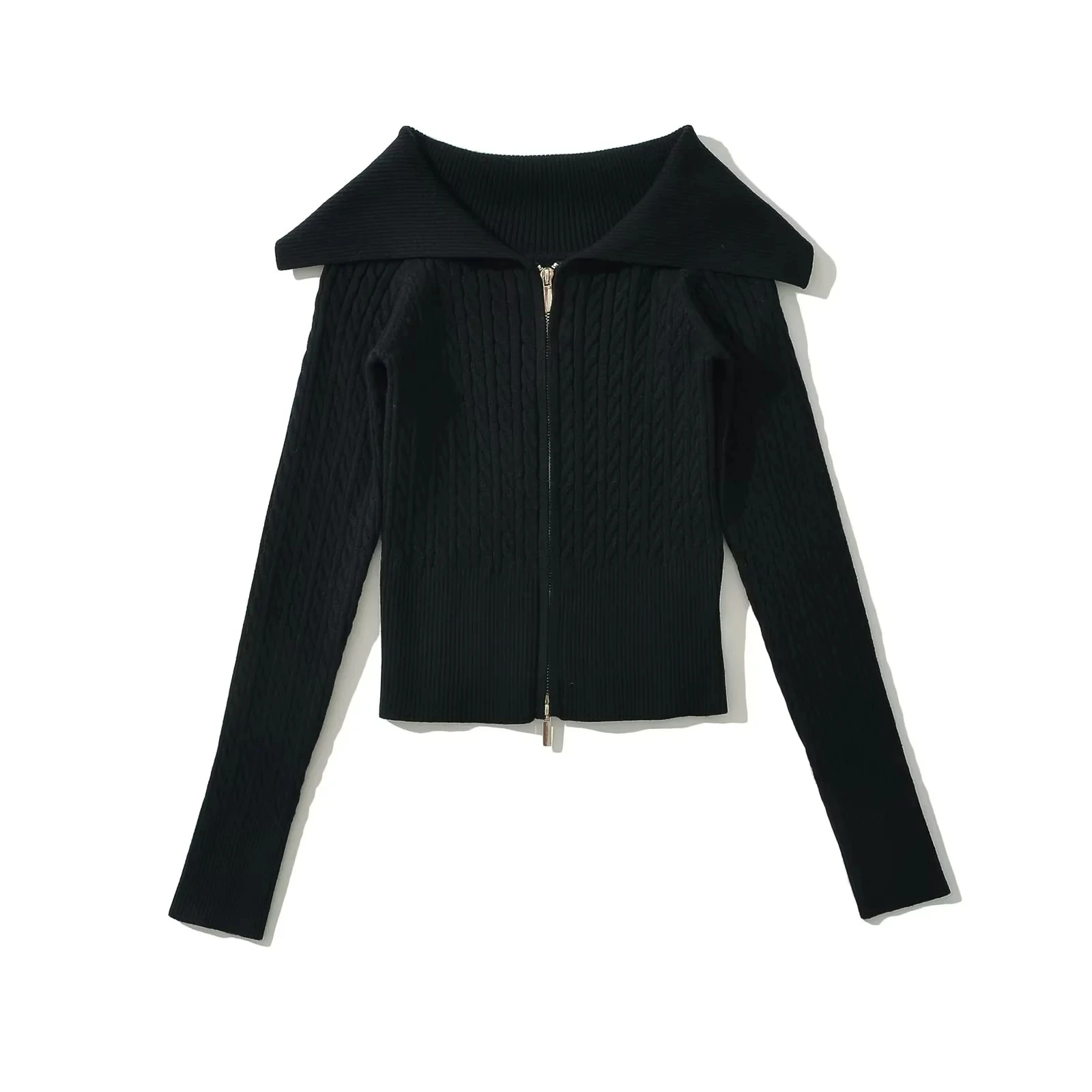 Design Sensation Gestrickte offene Strickjacke mit doppeltem Reißverschluss, würziges Mädchen-Top, jugendliche Faion, ort Länge, reine Farbe, Pendler-Sle
