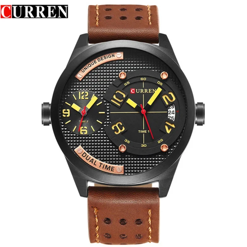 CURREN M8252Luxury Brand Watches 2 Time Fashion Casual Quartz Watch Leather Strap Men Sports Wristwatch Man Relogio Masculino