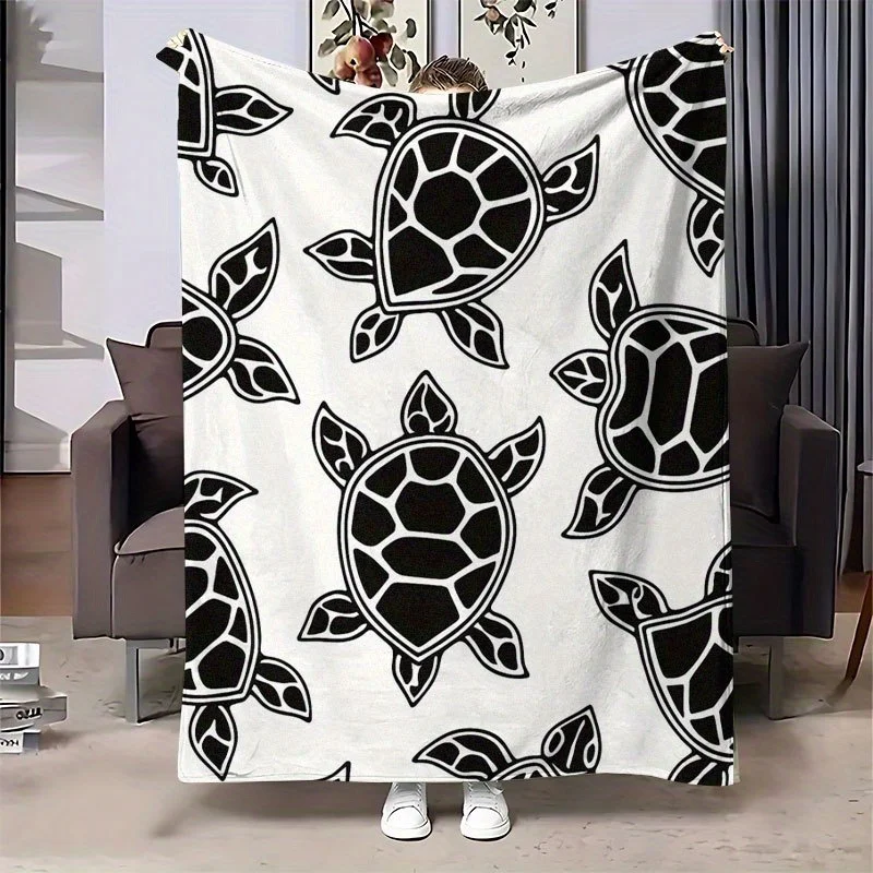 Black White Line Sea Turtle Flannel Blanket, Minimalist Ocean Animal Repeat Print Soft Throw for Sofa Bedroom Travel Home Beach