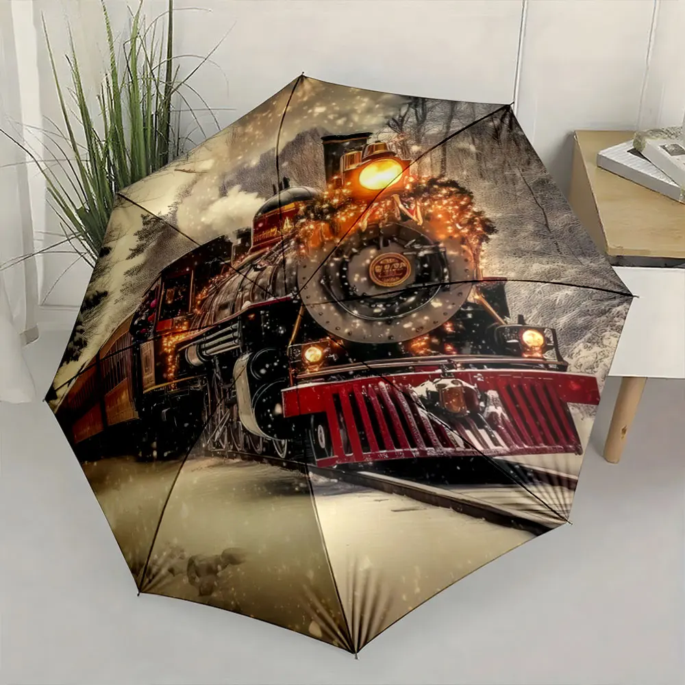 1PC Vintage Steam Train Umbrella with Winter Wonderland Design Print 8 Iron Ribs Folding Umbrella Auto-Open Fashion Sunshade