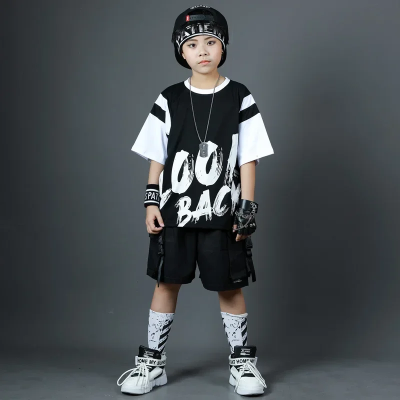 Mode Jongens Street Dance Kleding Sets Zomer Zwarte Brief Print T-shirt Shorts Outfits Groep Cool Streetwear Hip Hop Kostuums