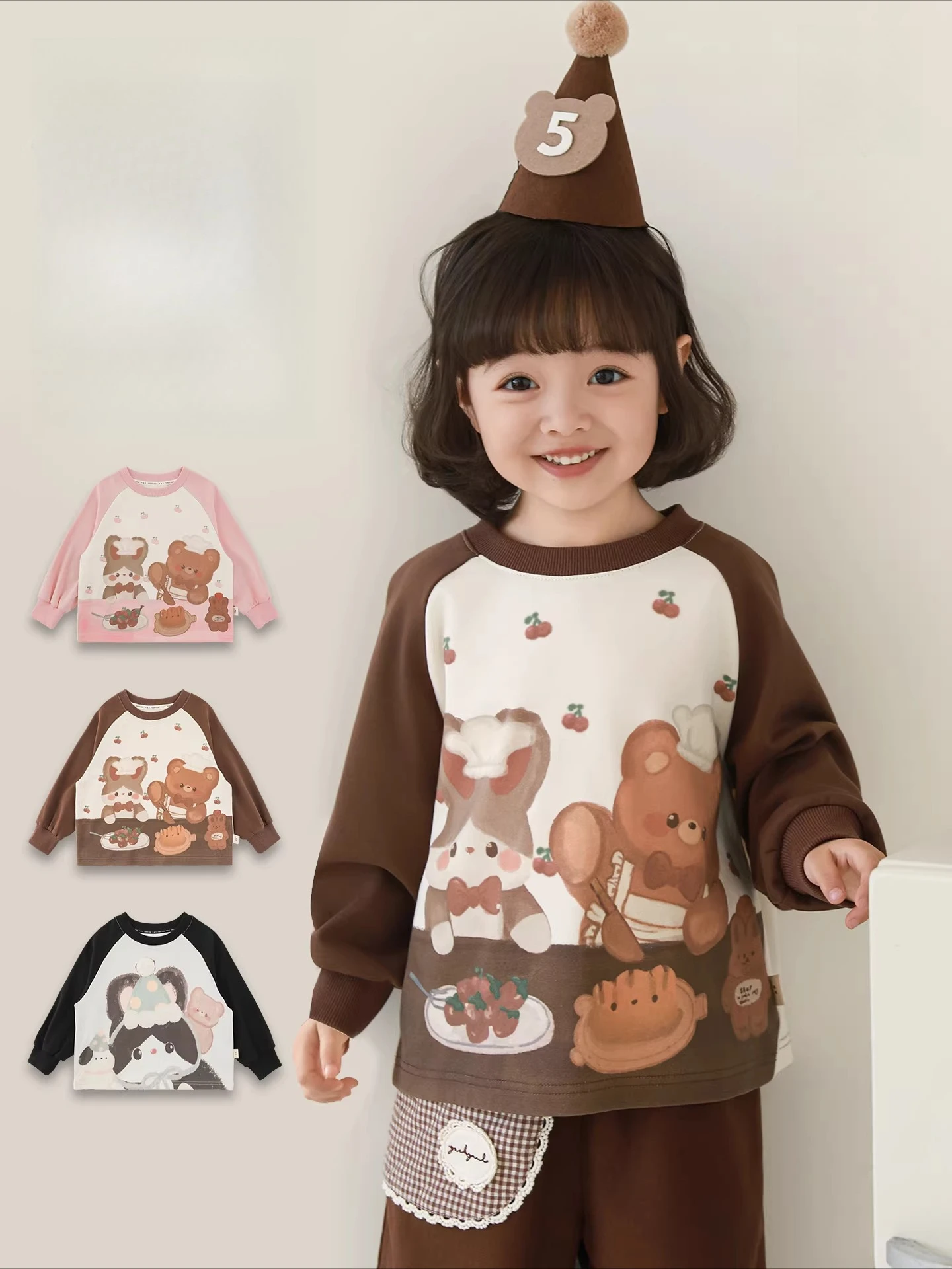 

2026 Spring Girls Cartoon Color Block Tee Raglan Sleeve Loose Kids Play Ready Comfort 3-12Y