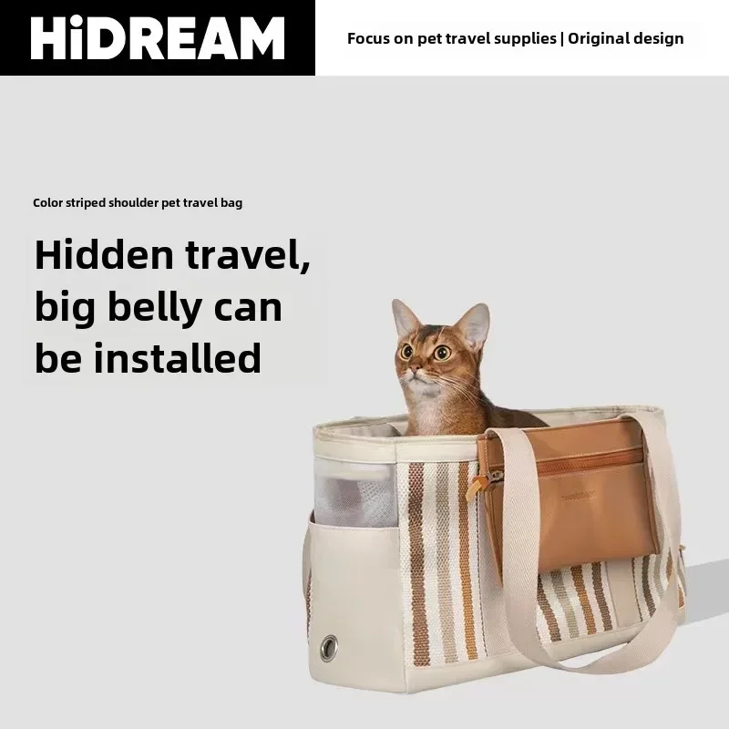 HiDREAM®Striped Shoulder Bag for Cat, Travel Bag, Breathable, Portable, Canvas, Small Dog, Pet, Original Design