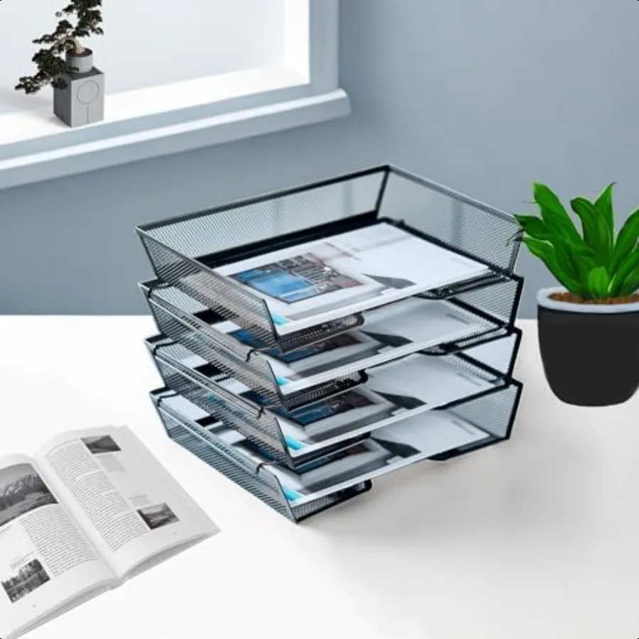 منظم مكتب شبكي معدني مكون من 4 طبقات من SETTFRFE، صواني حروف قابلة للتكديس لنظام تخزين الملفات السوداء مع حواف معززة