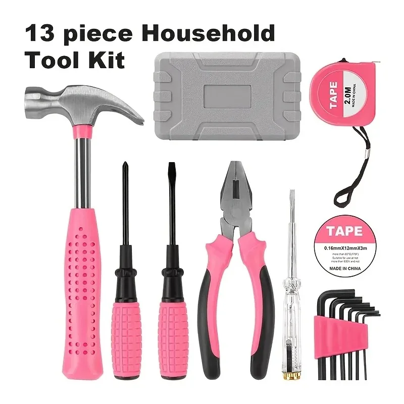 New 13-in-1 Pink Toolbox Contains Compact Manual Repair Tools for Home Use Which Are Essential Supplies for Daily Repairs