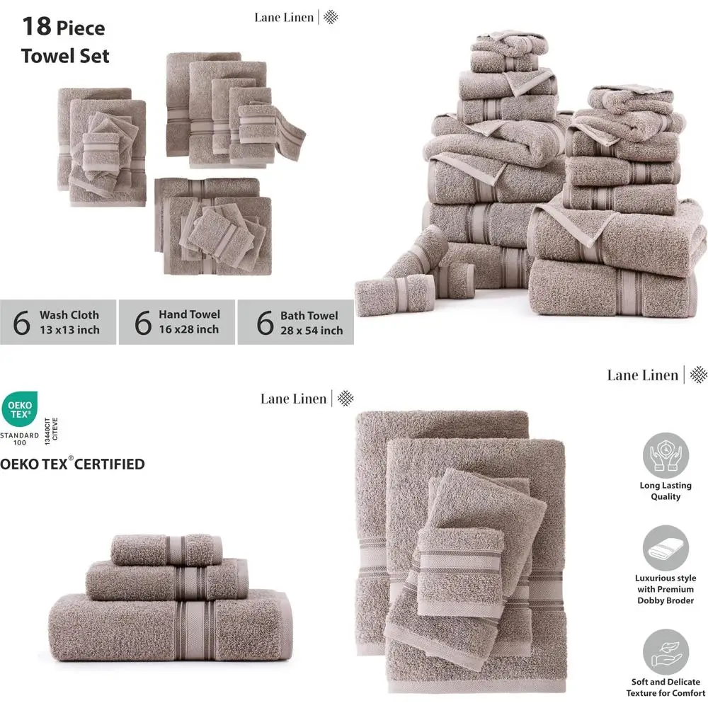 

Premium 100% Cotton Towel Set: 18-Piece Zero Twist, 6 Bath, 6 Hand, 6 Washcloths, Durable Plush, Ideal for Spa, Hotel, or Home,
