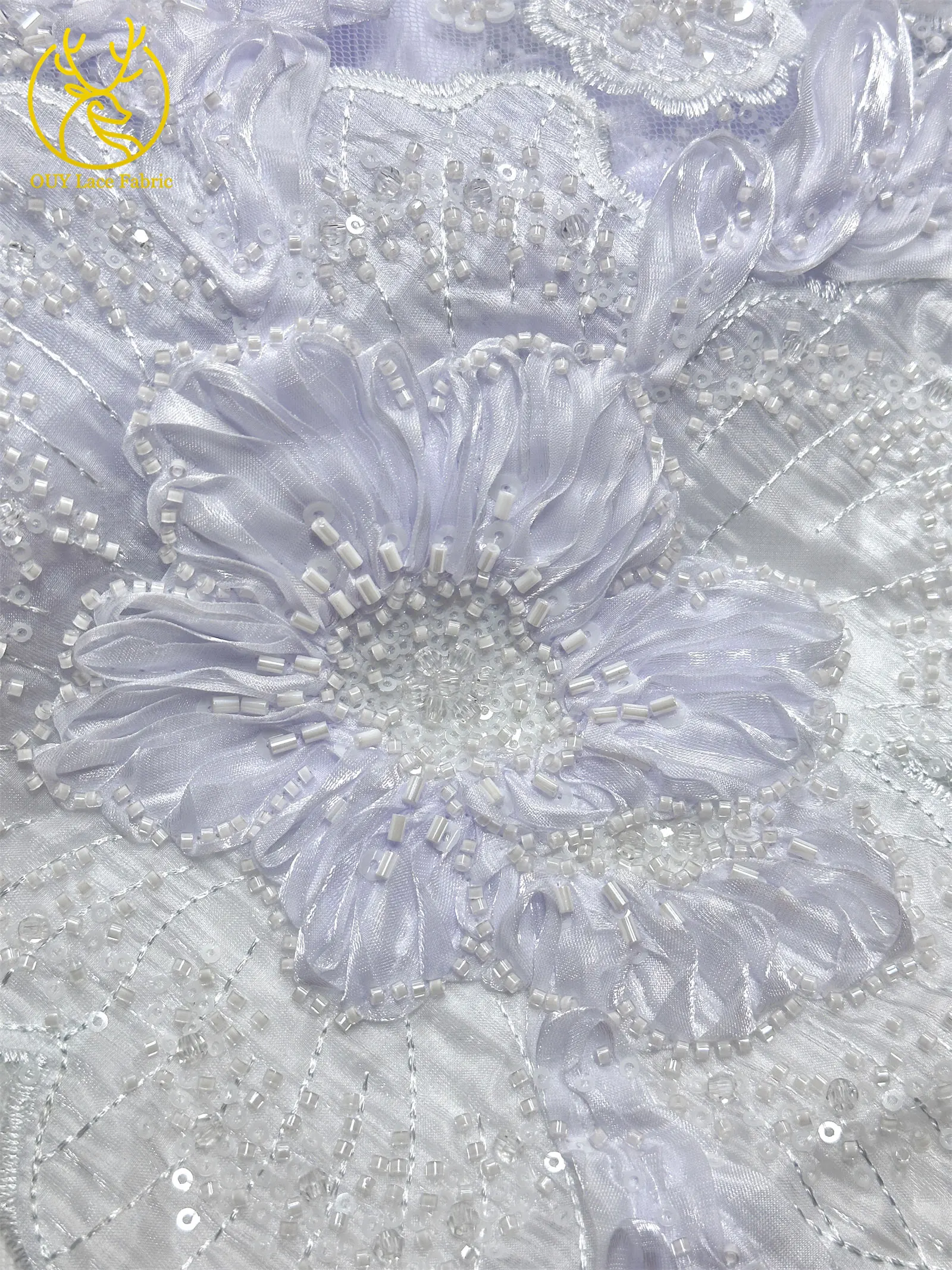 Marineblauer, wunderschöner afrikanischer Spitzenstoff mit Perlen und Pailletten, 3D-Blume, nigerianischer hochwertiger Tüll-Mesh-Spitzenstoff für Ballkleider, 5Y – Detail 15