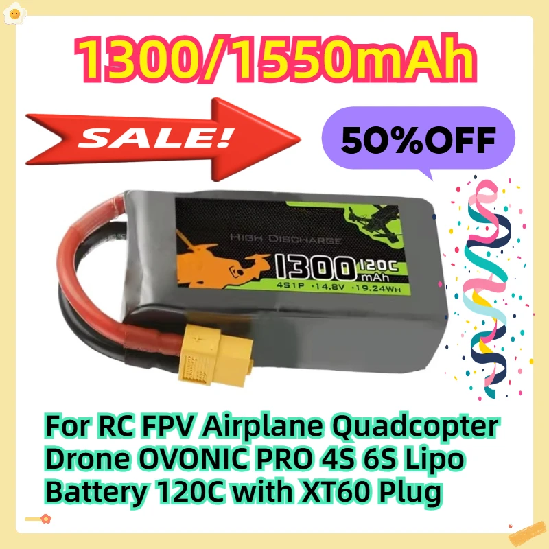 

For RC FPV Airplane Quadcopter Drone OVONIC PRO 4S 6S 1300mAh 1550mAh Lipo Battery 120C with XT60 Plug