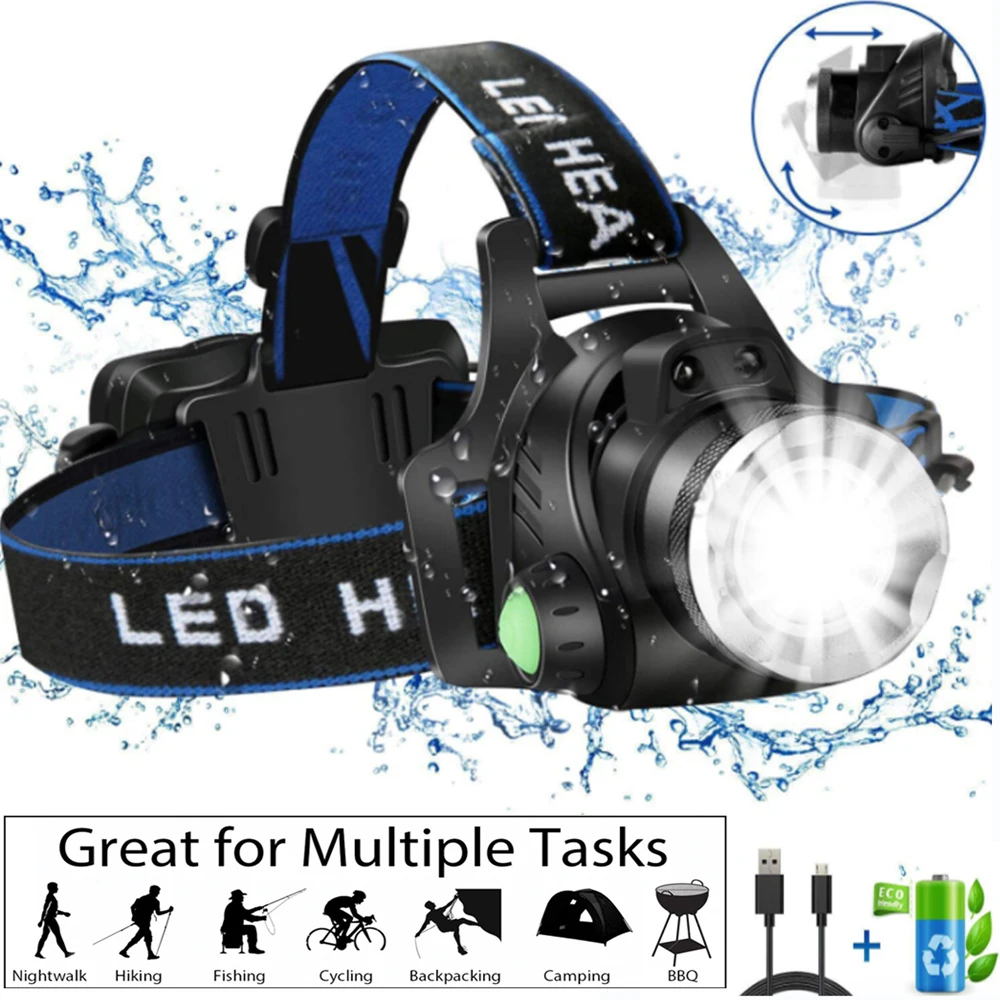 Powerful LED Headlamp Rechargeable Telescopic Zoomable Headlight Outdoor Waterproof Work Head Lamp High Lumen Head Torch