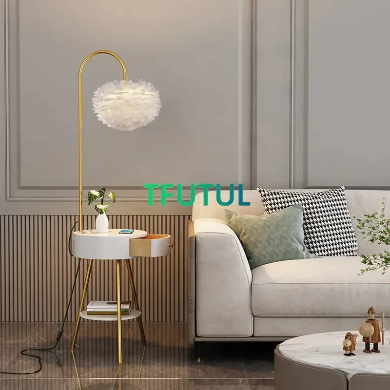 

Wireless Charging Led Floor Lamps for Living Room with Wood Drawer Desing Led Standing Lamps Bedroom Bedside Lights Home Decor