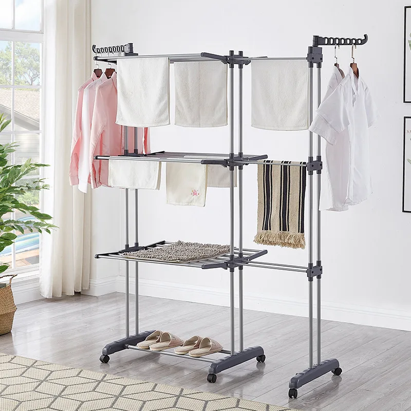 

Multi-layer movable drying rack, towel drying rack, household folding telescopic floor double-pole drying rack, hanging rack.