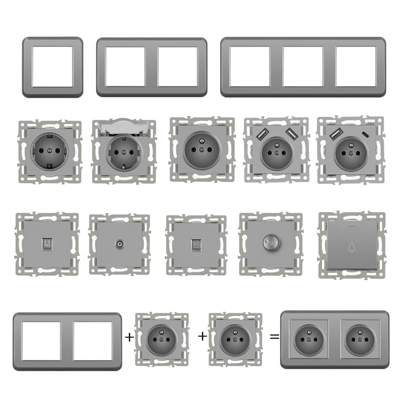 novski wall-mounted module diy European standard grey Plastic frame socket light switch button function combi