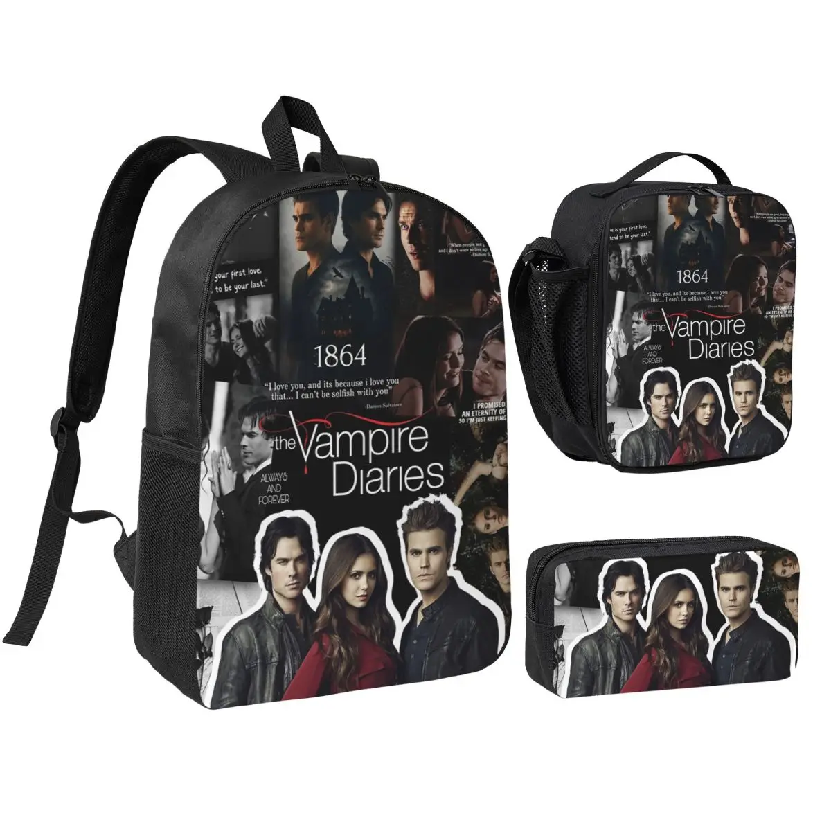 The Vampire Diaries Backpack Student Boys Girls BookBag School Bag Computer Shoulder Bags 3ps Insulated Lunch Bag Pencil Case