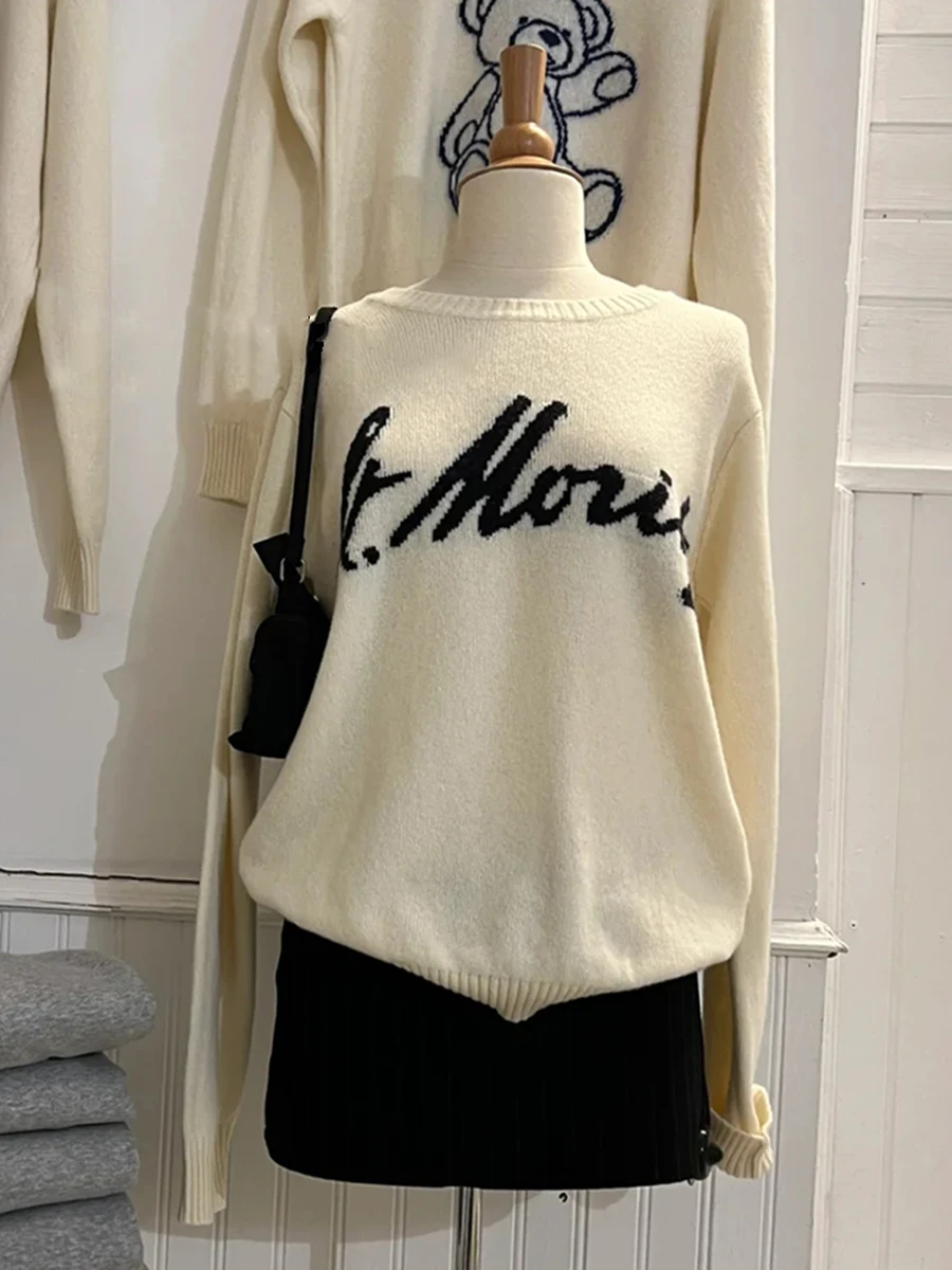 

Винтажный жаккардовый свитер с буквенным принтом, женские осенние хлопковые джемперы с круглым вырезом и длинными рукавами, повседневная уличная одежда, свободные свитера, пуловер, топ Y2k