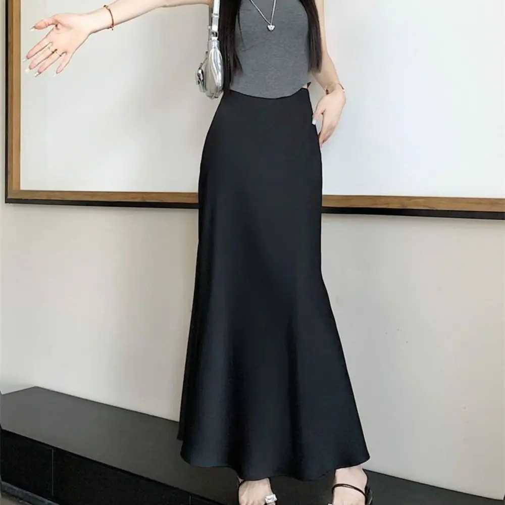 Fashion Summer Satin Silk Long Skirt High Waist Half Body Dress High Waisted Skirts Slim Fit A Line Midi Skirt Girl