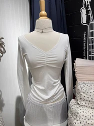 Bow Lace Trim Slim Long Sleeve T-shirt Woman Folds V Neck Cotton Tees Solid Simple Sweet Preppy Style Basic Tshirt Y2k Tops