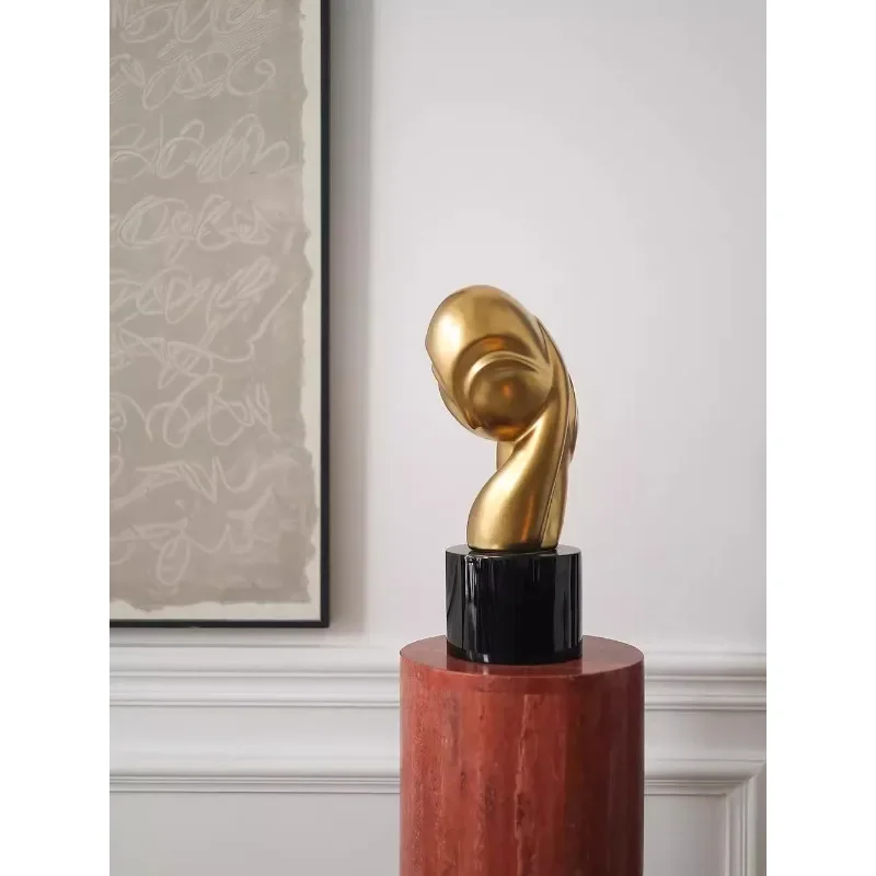 Medieval tabletop ornament, golden portrait sculpture, advanced living room, red cave stone pier floor decoration