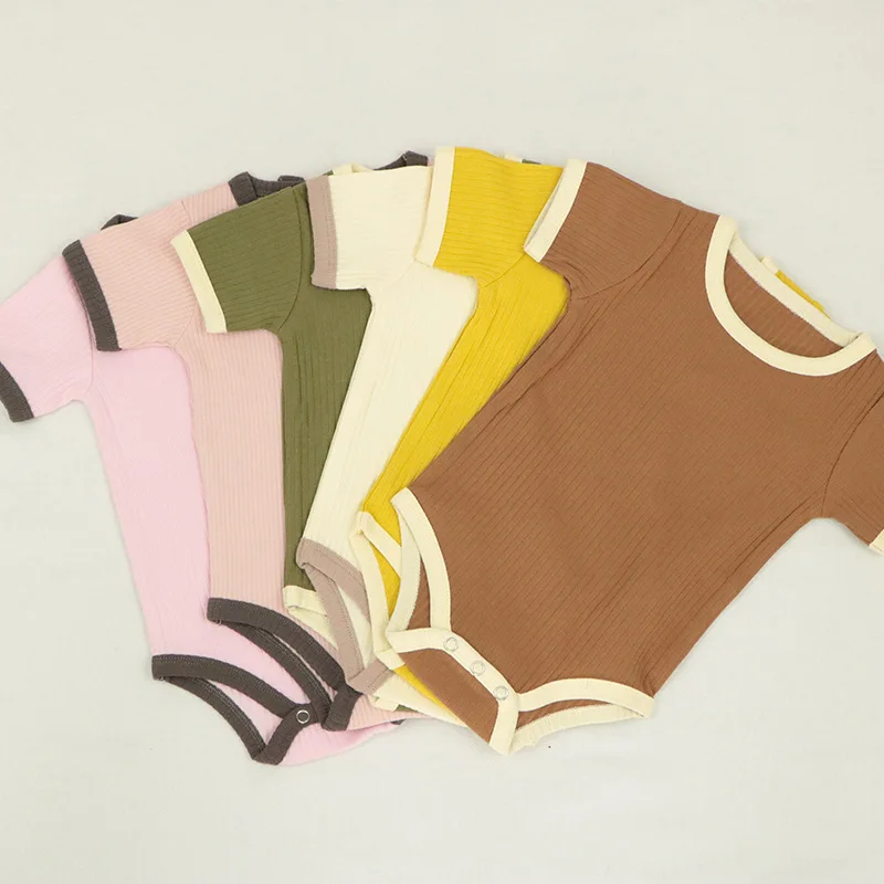 Somenie Geschlechtsneutrale Baby-Sommer-Triangel-Bodysuits, kurzärmelige, gestreifte Einteiler für Jungen, gerippte Einteiler für Mädchen