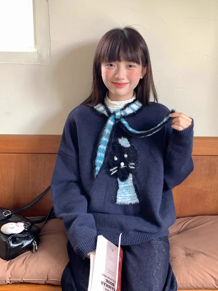 ヴィンテージスカーフカラーニットトップ女性のネイビーブルーゆったり猫ジャカードセーター秋冬パッチワークオーバーサイズプルオーバーニットウェア