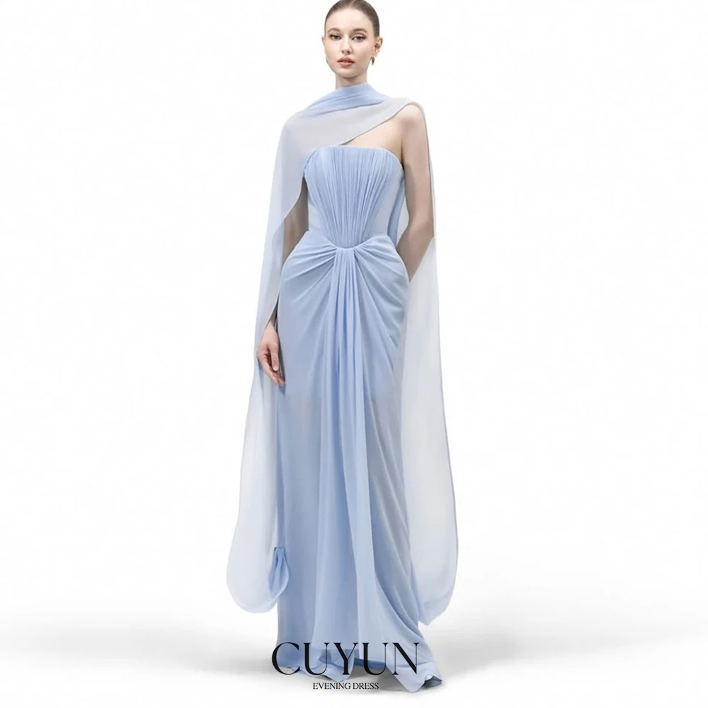 

CUYUN 2025 Sky Blue Women Evening Dresses Strapless Pleated Chiffon Party Gown Prom Dresses Customized Formal Occasion Gown