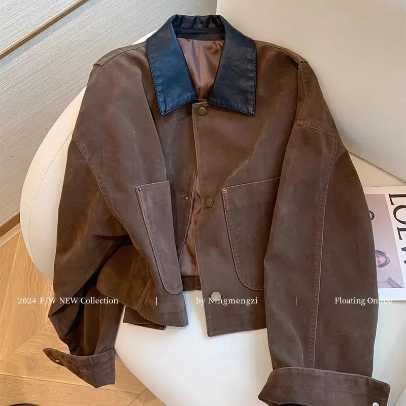 Brown Collar Spliced Short Jacket for Women Retro and High-end Casual Jacket Trend