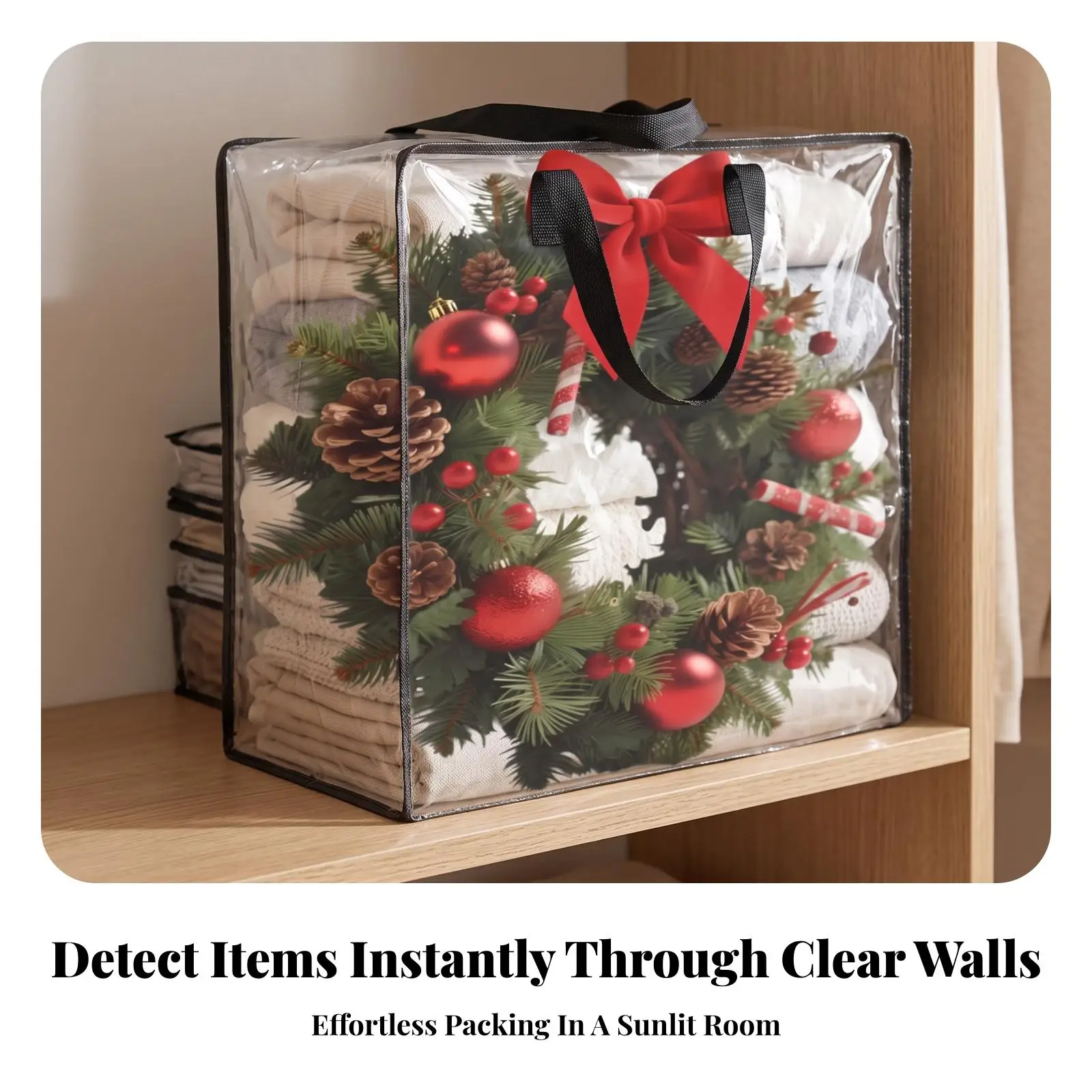 Large Transparent Travel Storage Sack for Holiday Decor Folding Cube Bag with Side Opening and Reinforced Handles