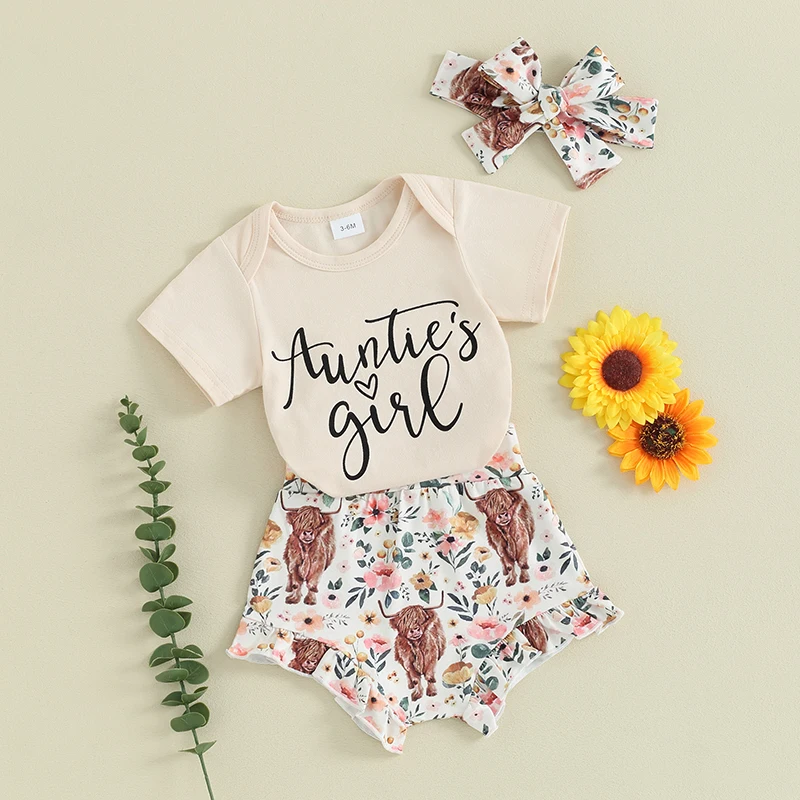 Girls 3 Piece Set Short Sleeve Letter Print Romper + Elastic Waist Frill Trim Shorts + Headband Aunties Bestie Baby Clothes