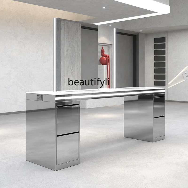 

Hairdressing Mirror Stainless Steel Hair Cutting Dressing Table with Cabinet Barber Shop Dressing Table Luminous