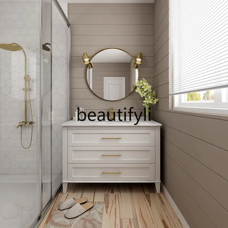 

Light luxury rock slab bathroom cabinet combination solid wood floor American bathroom washstand washstand bathroom cabinet