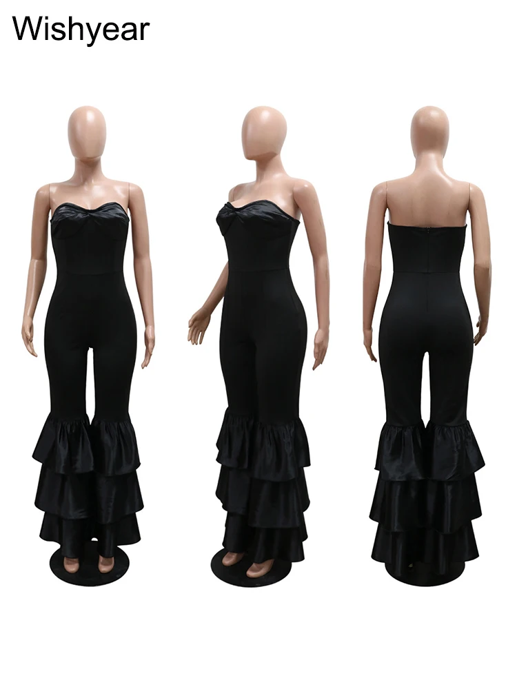 Nuove tute intere da donna nere senza spalline senza maniche pagliaccetti sexy slim fit lunghi volant pantaloni svasati night club anche tute