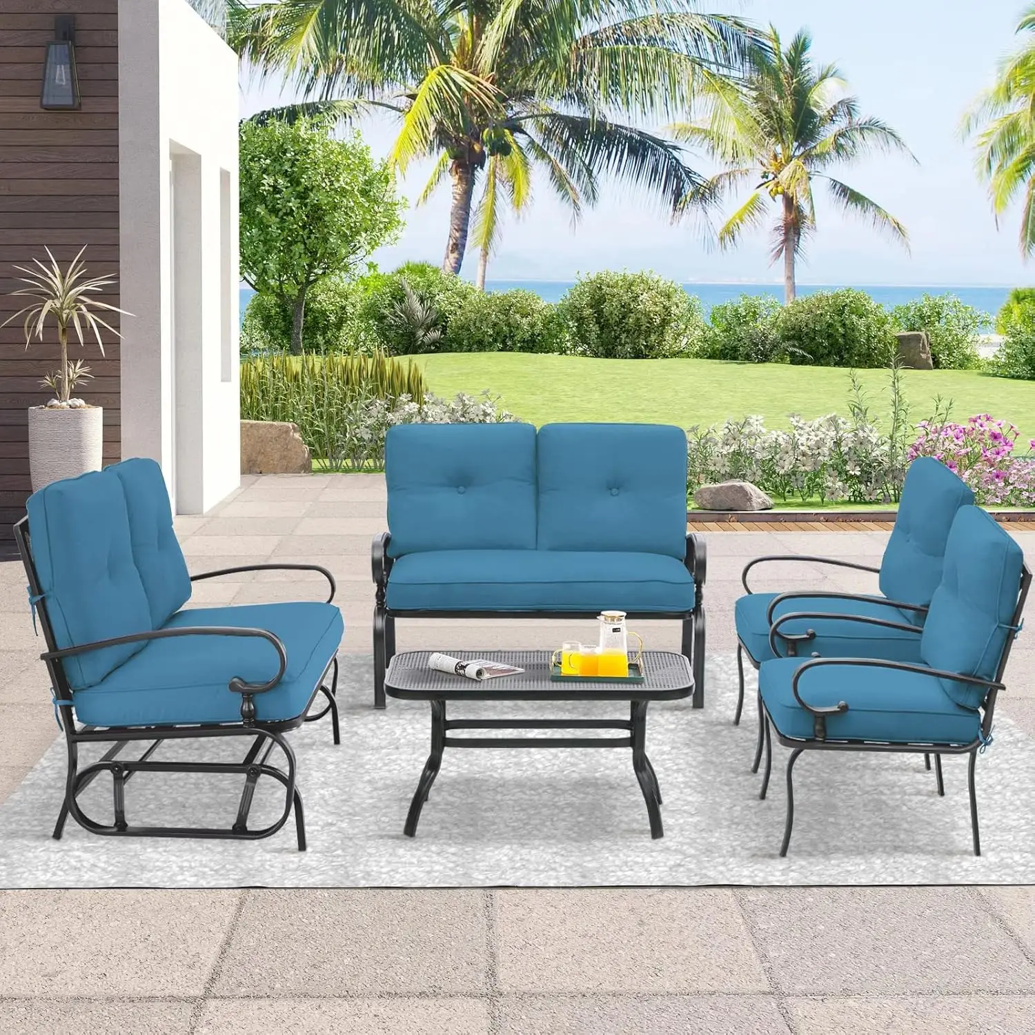 Outdoor Metal Furniture Sets Wrought Iron Patio Conversation Sets, (Glider, Single Chairs, Loveseat, and Table) with Cushion