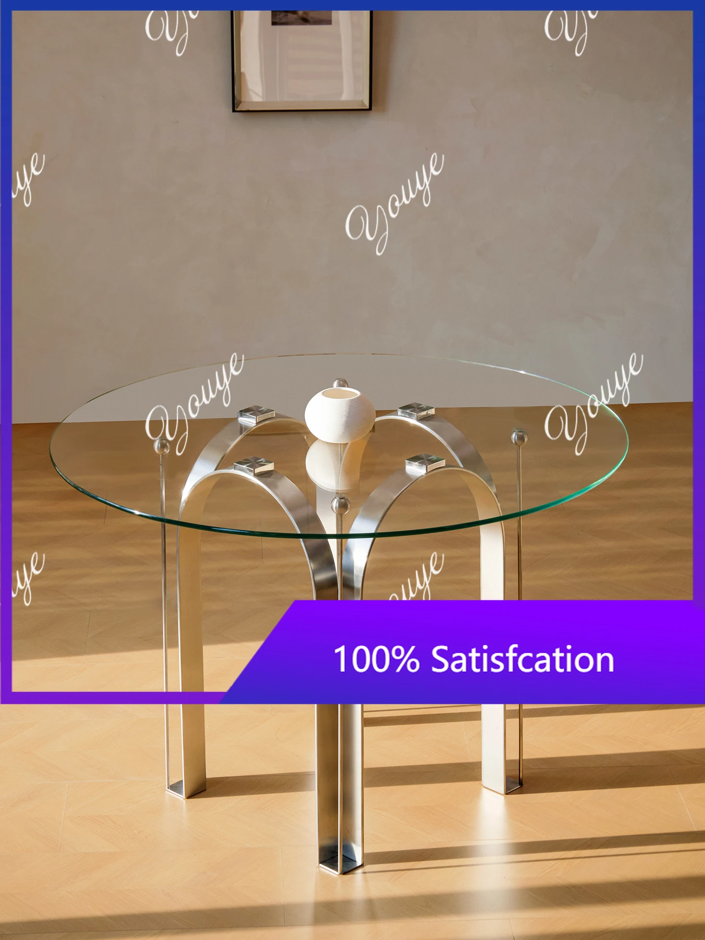 

XS Dining Table Round Nordic Light Luxury Retro Desk Negotiation Table Stainless Steel Lacquered Glass Surface