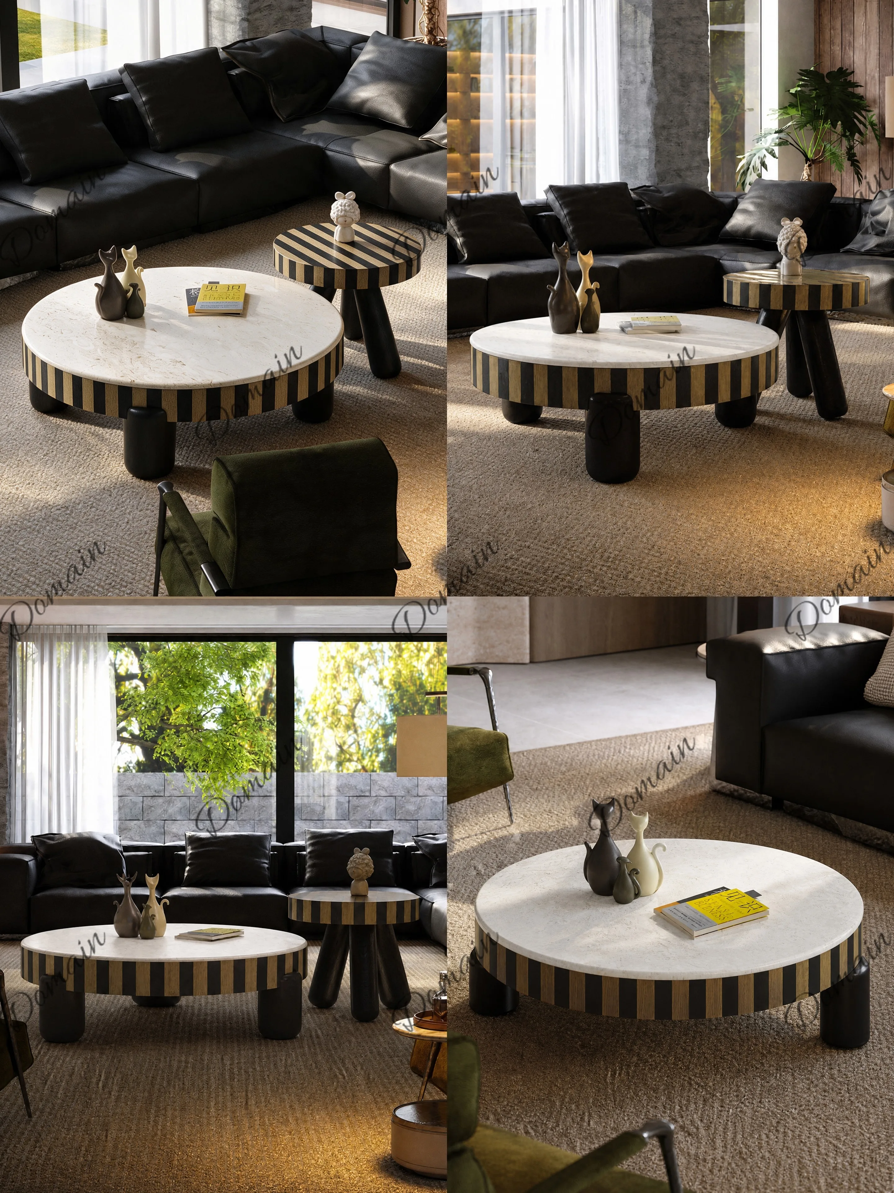 Round Marble Coffee Table for Living Room, Italian Minimalist Wood Striped Nesting Tea Table Set