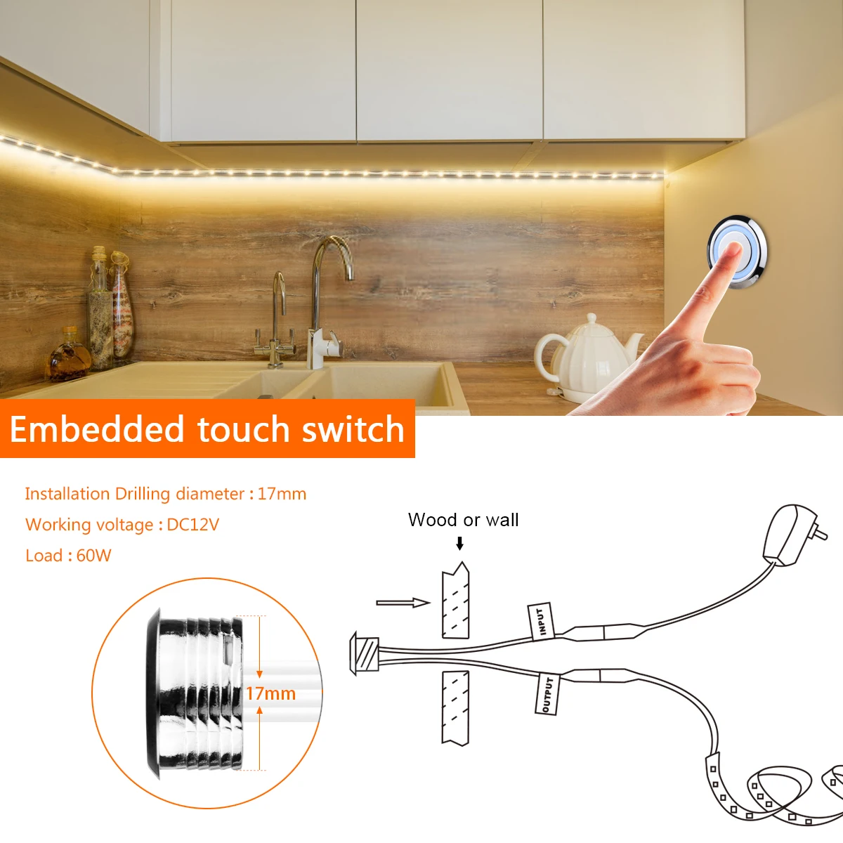 Bande lumineuse LED étanche à intensité variable, lampe sous armoire, capteur de balayage manuel, télécommande, contrôle tactile, bande lumineuse sous armoire, DC 12V