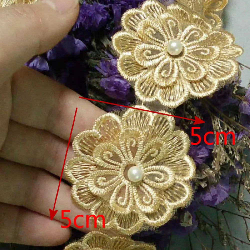 1 metro oro 5 cm fiore di perla fai da te solubile matrimonio pizzo trim lavoro a maglia ricamato fatto a mano patchwork nastro forniture per cucire