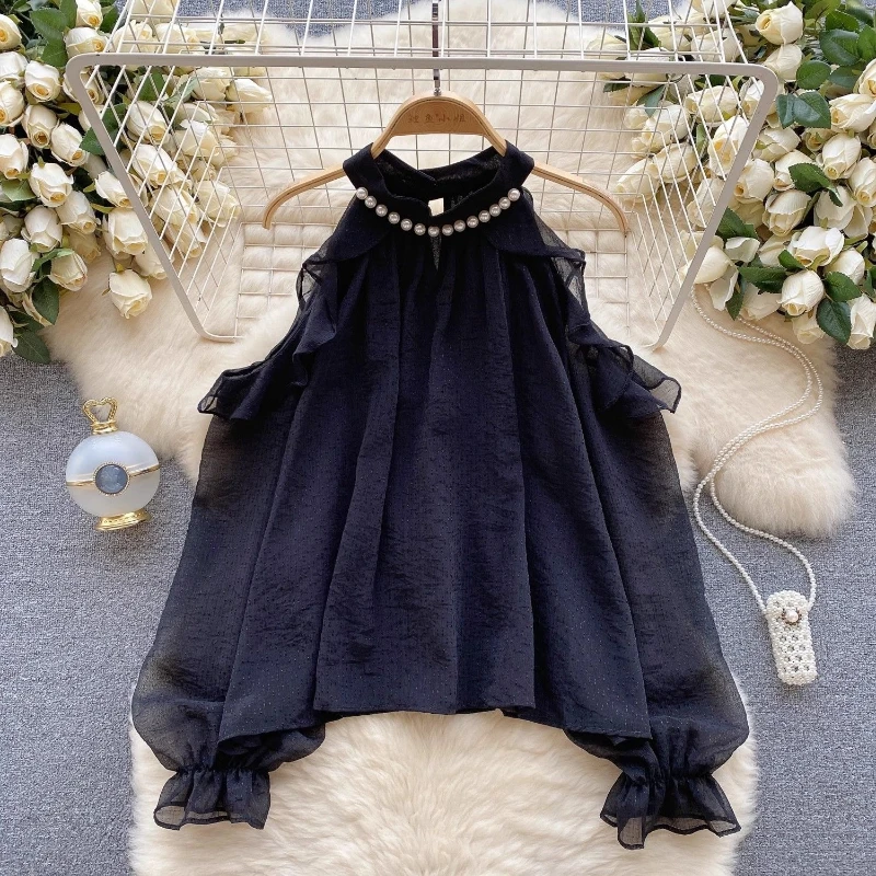 

Y2k Korean Style Long Sleeve Blouse Women Gentle Chiffon Top Hollow Out Off-Shoulder Beaded Halter Shirt Bodycon Solid Color
