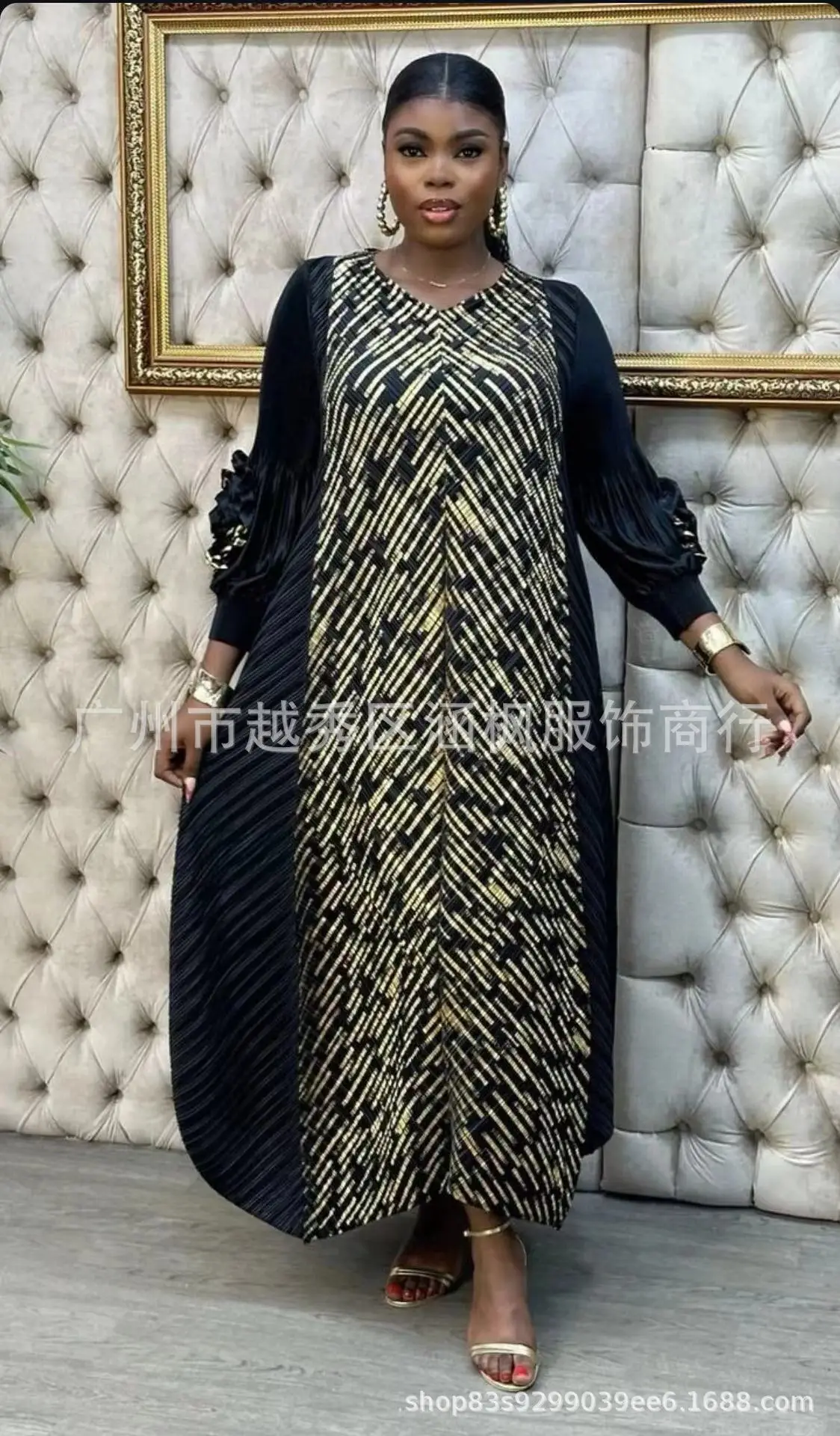 Miyake Dress New Bronzing Printing Long-sleeved Hand-cranked Flower V-neck Miyake Pleated Dress Women