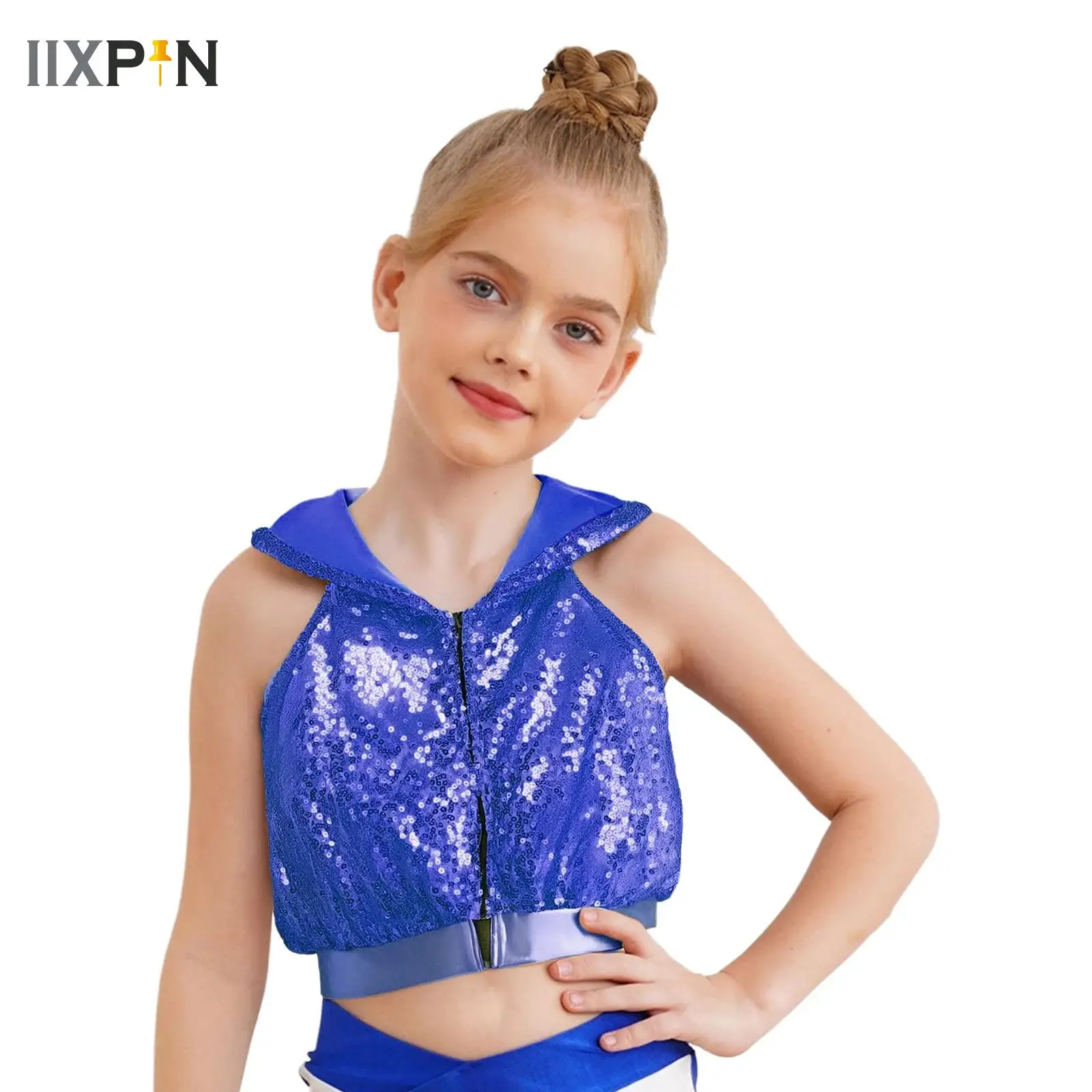 

Kids Girls Modern Jazz Dance Crop Top Metallic Shiny Sequins Sleeveless Hooded T-Shirt Tops Gymnastics Stage Performance Costume