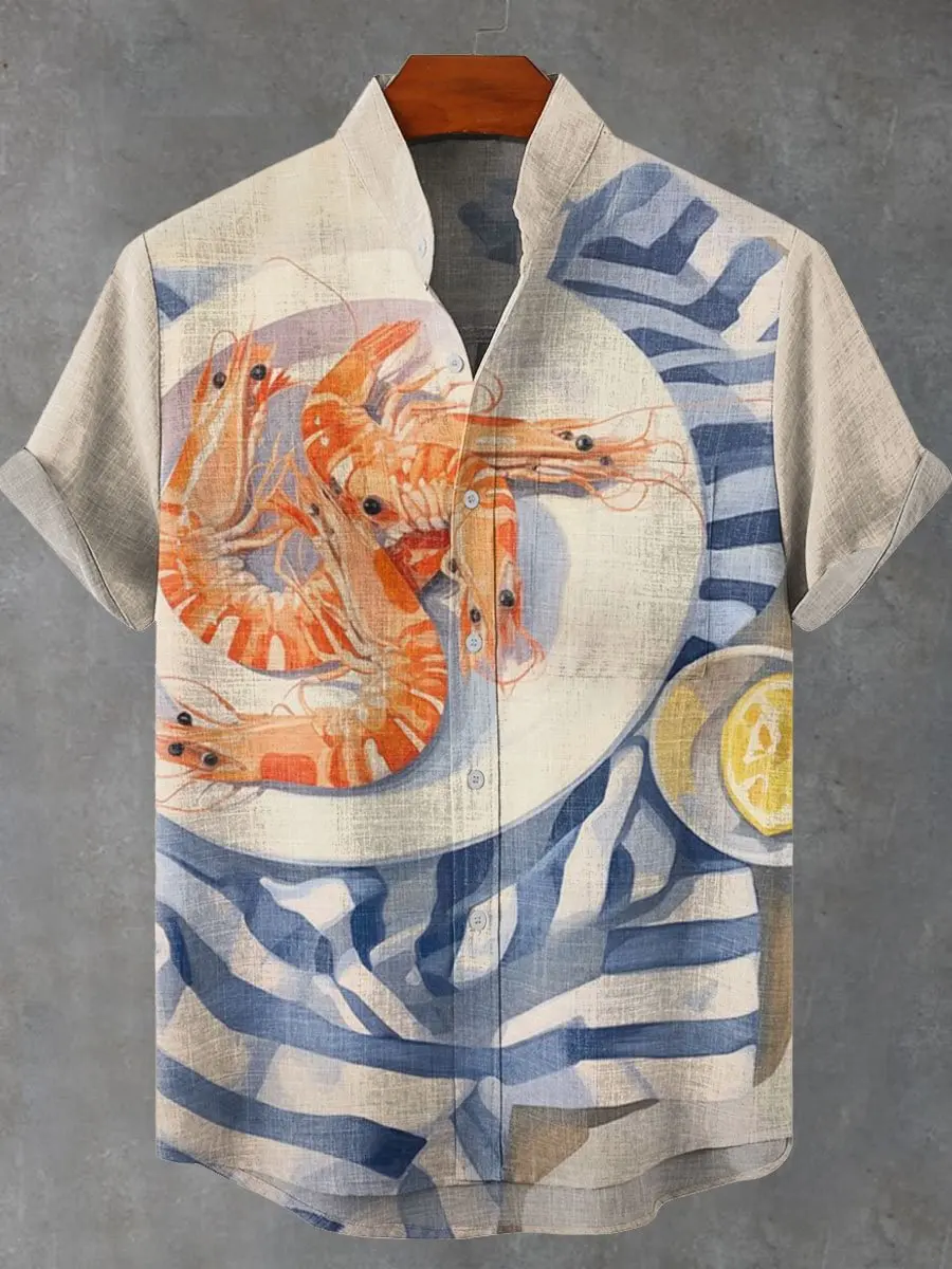 

New Men's Short Sleeve Linen Flap Collar Shirt Navy Blue Fish Casual Shirt Holiday Export Short Sleeve Shirt