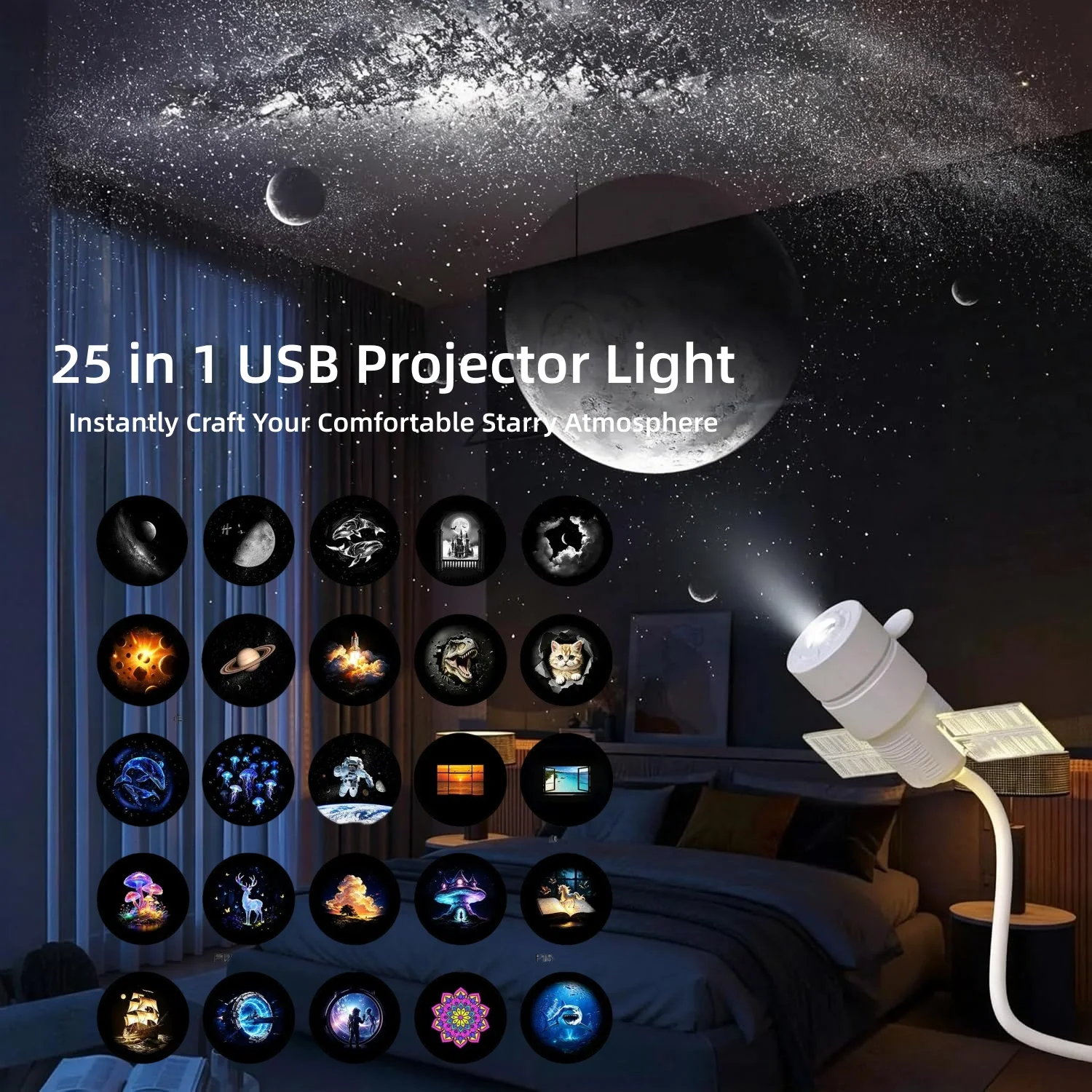 Satellite USB Projector Lamp, 25pcs Interchangeable Film Discs, Flexible Gooseneck, Side Wing Warm Light, for Car, Home Decor